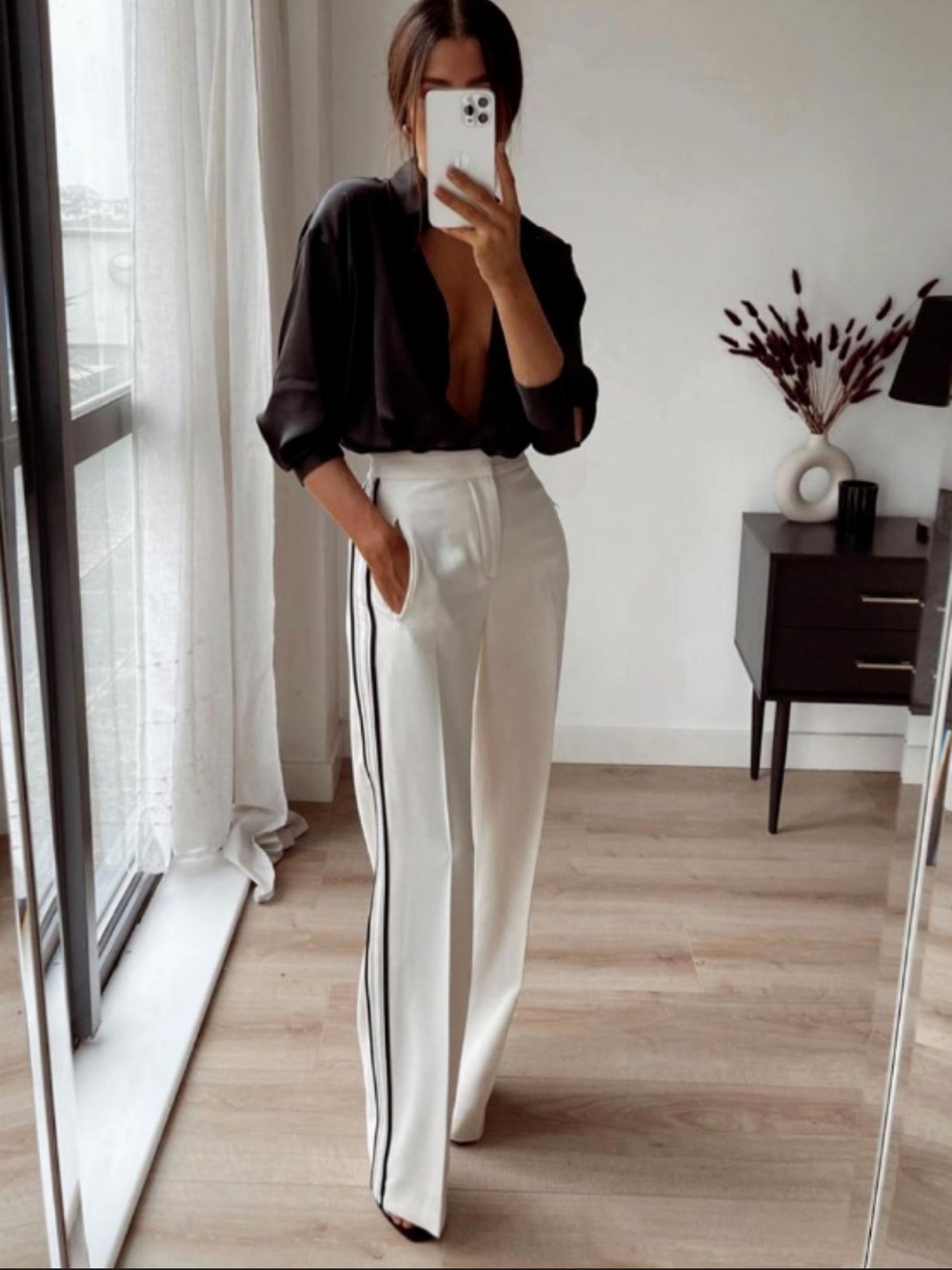 Zara NEW Women’s Off- WhiteWide Leg Track Pants with Side Black Stripe 2599/778
